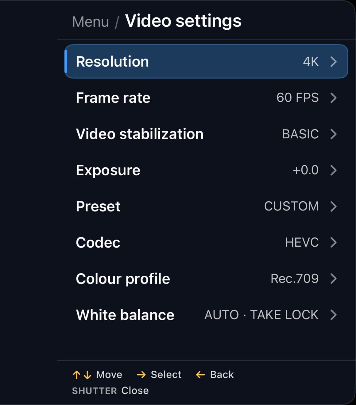 The dive menu's video settings: resolution 4K, frame rate 60 fps, stabilization, exposure, codec HEVC, colour profile and white balance