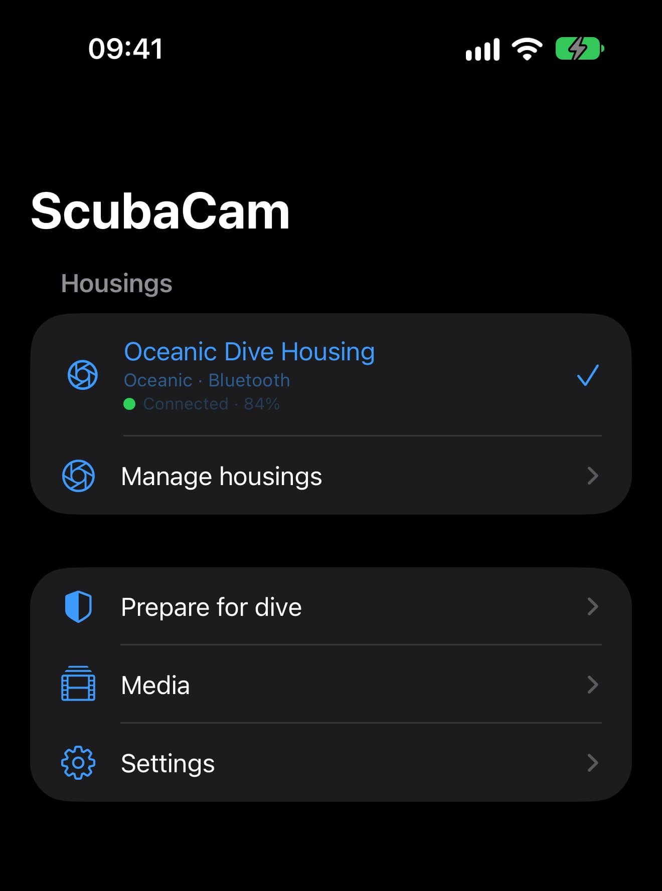 ScubaCam's home screen with an Oceanic housing connected