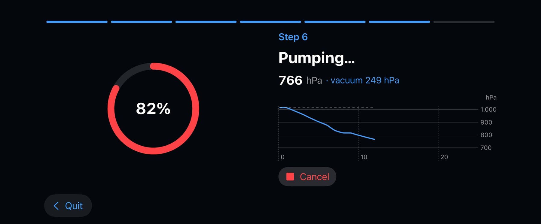 Step 6 of the setup: the housing pumping down, 82 percent of the way to its vacuum target